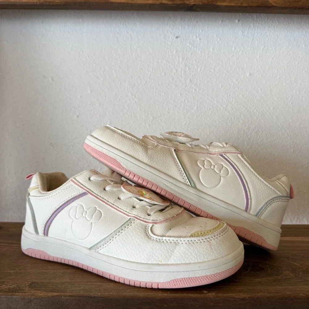 Disney Minnie Mouse White Pink Girls Sneakers Glitter Bow Shaker Size 2